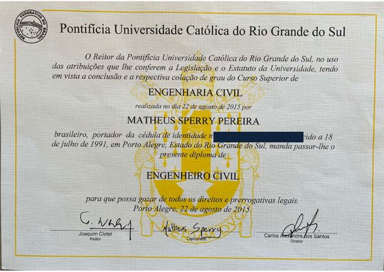 Diploma de Engenharia Civil de Matheus Sperry Pereira, emitido pela PUCRS