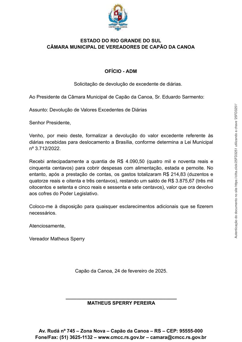 Ofício assinado por Matheus Sperry solicitando a devolução do excedente de diárias à Câmara de Capão da Canoa